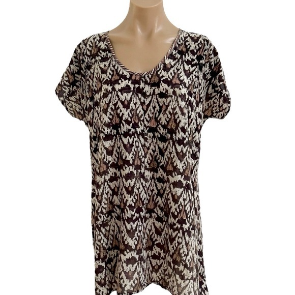 ANOKHI BROWN TAN PINTUCK PLEATED SHORT SLEEVE TUNIC TOP FREE SIZE OS ONE SIZE - Picture 1 of 3